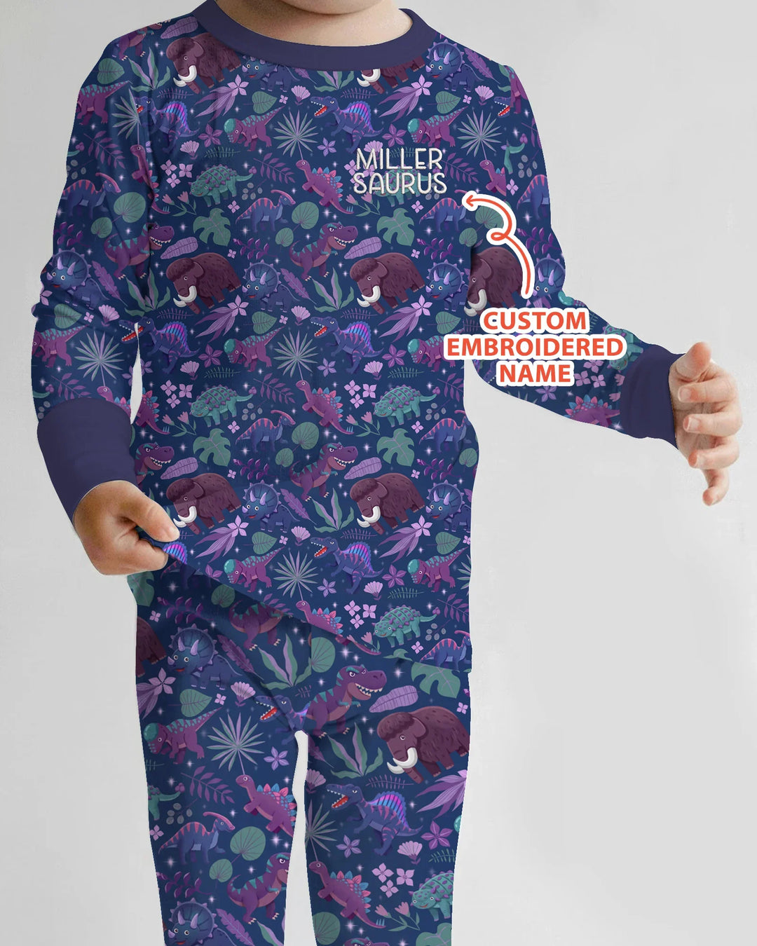 Custom Name Embroidered Dino Dream Night Bamboo Two Piece Long Sleeve Pajama Set
