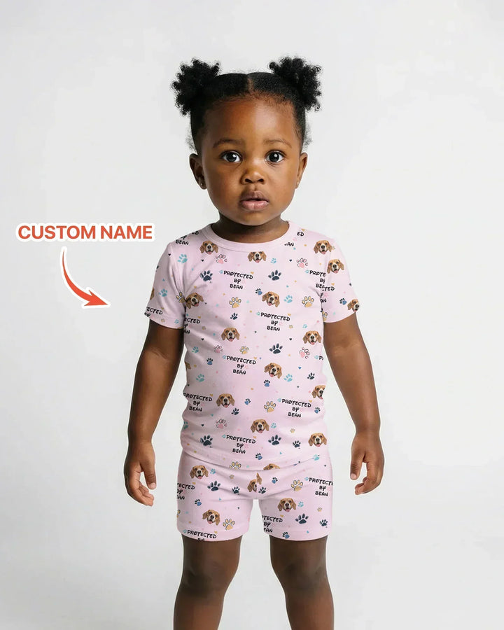 Custom Dogs Photo "Protected By" Bamboo Two Piece Short Sleeve Shorts Pajama Set
