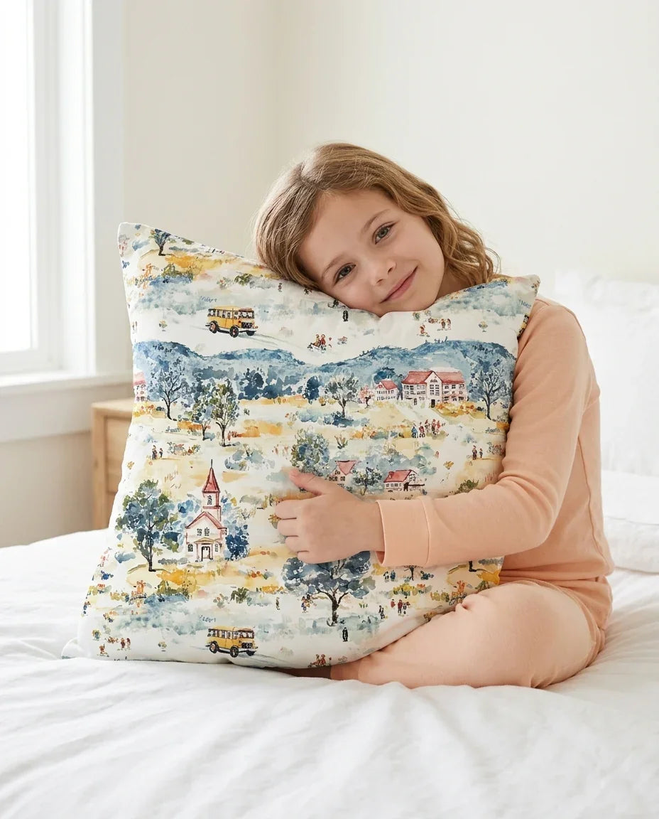 Whimsical Watercolor School Village Bamboo Pillow Case