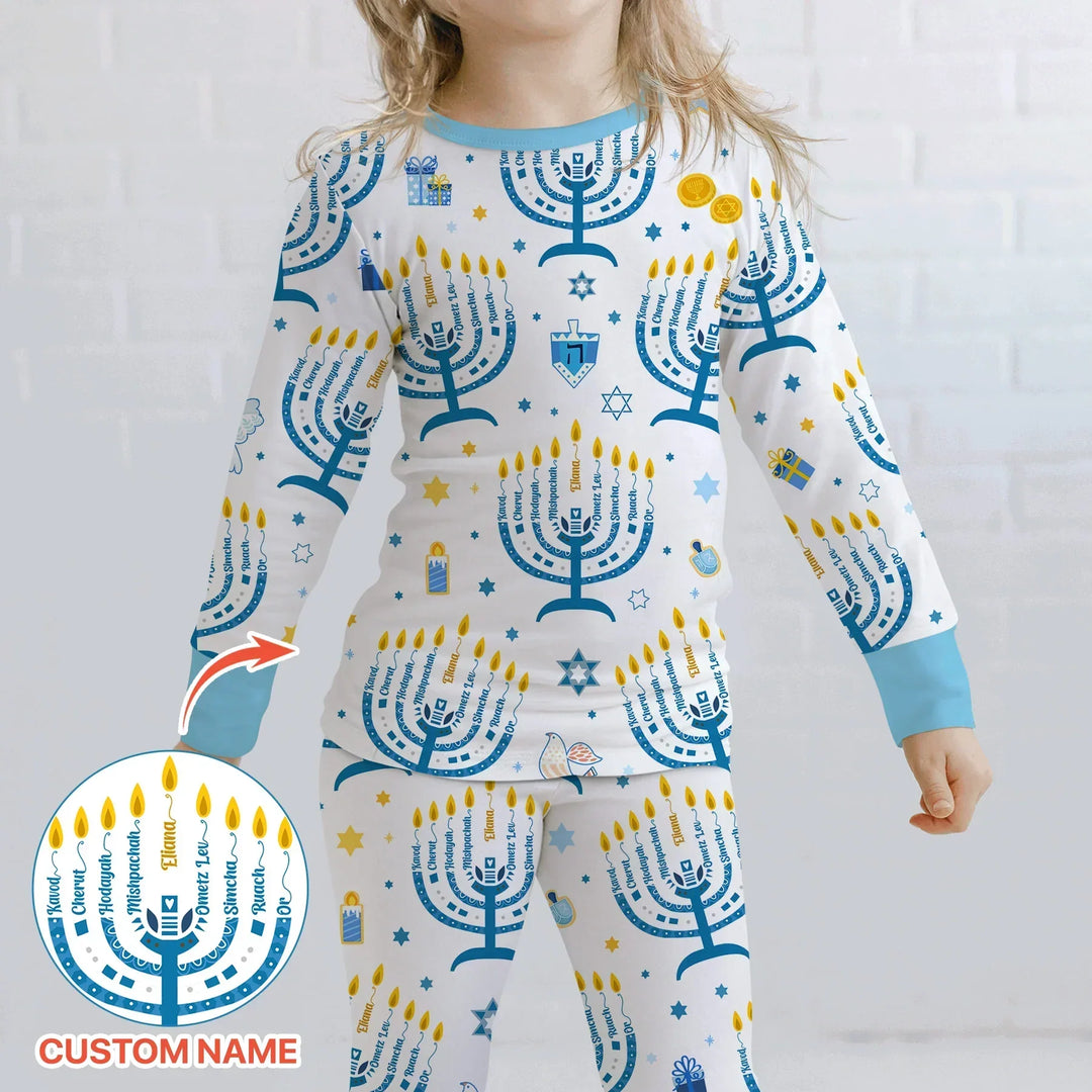 Hanukkah Custom Name Bamboo Two Piece Long Sleeve Pajama Set