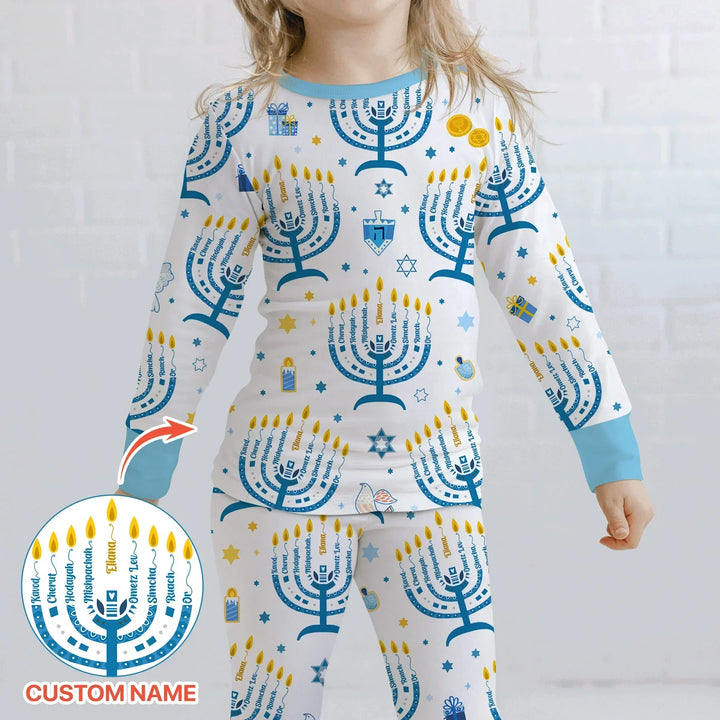 Hanukkah Custom Name Bamboo Two Piece Long Sleeve Pajama Set