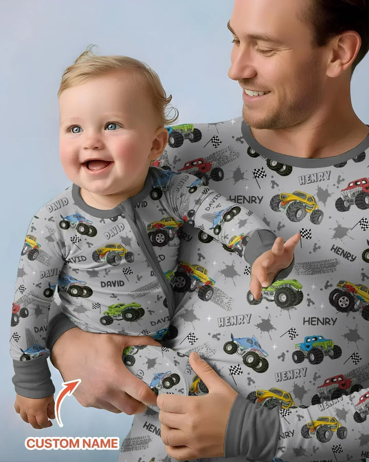 Monster Truck Dirt Jam Custom Name Daddy & Me Matching Bamboo Men's Pajama Set