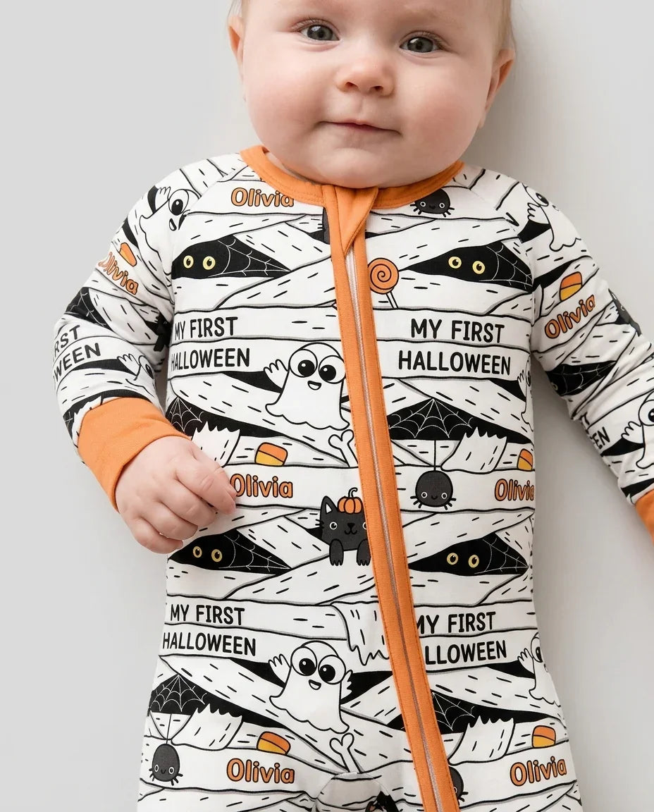 Custom Name Doodle Ghost My First Halloween Bamboo Convertible Zippy