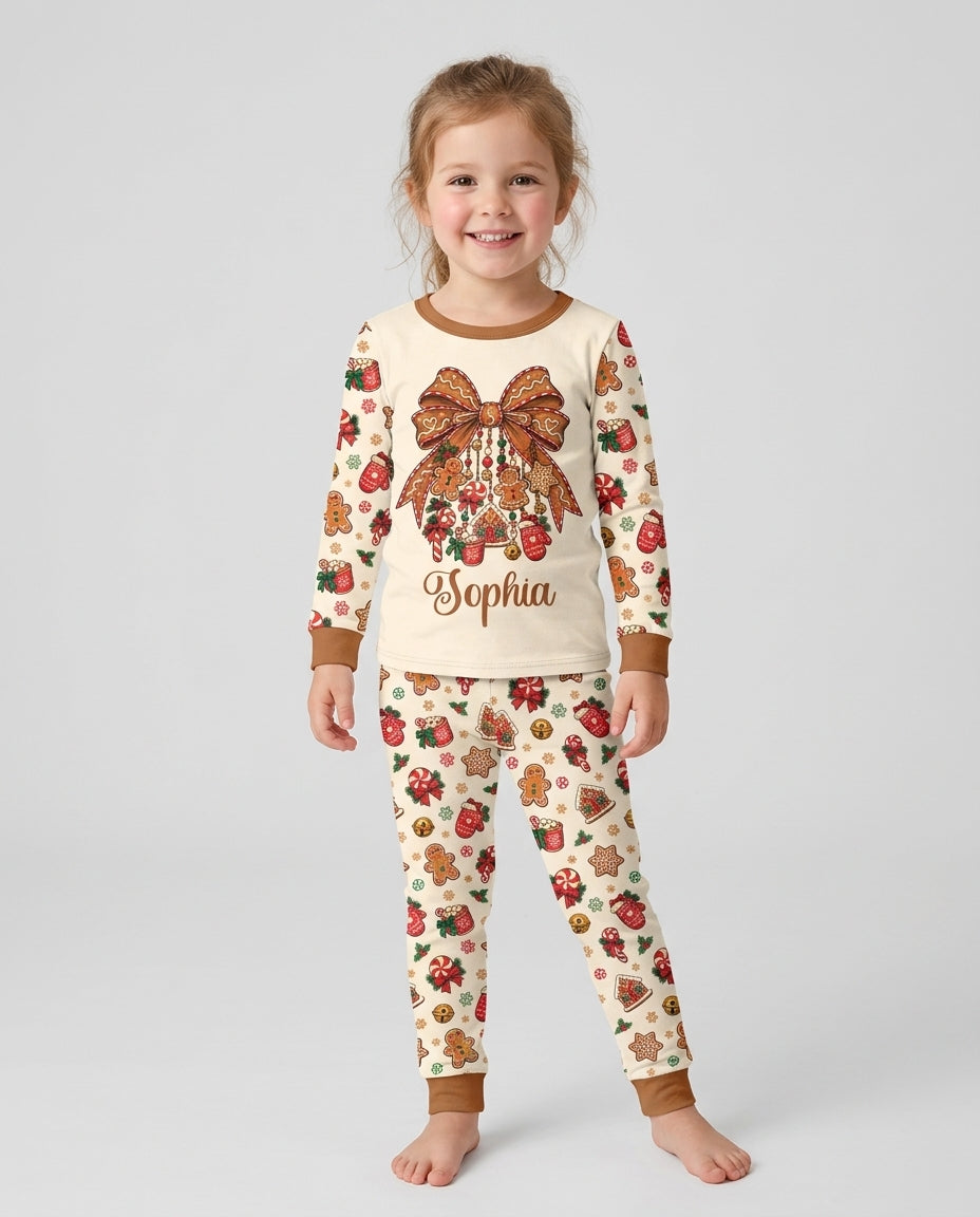 Custom Name Gingerbread The Bow Bamboo Two Piece Long Sleeve Pajama Set