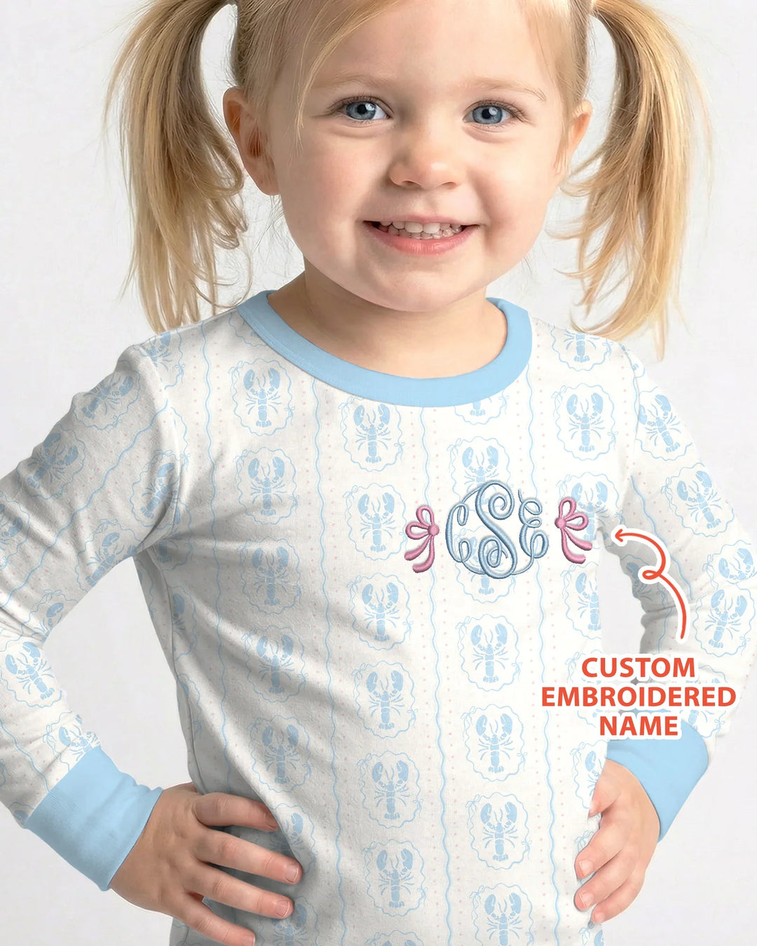 Custom Monogram Letter Embroidered Baby Bamboo Two Piece Long Sleeve Pajama Set