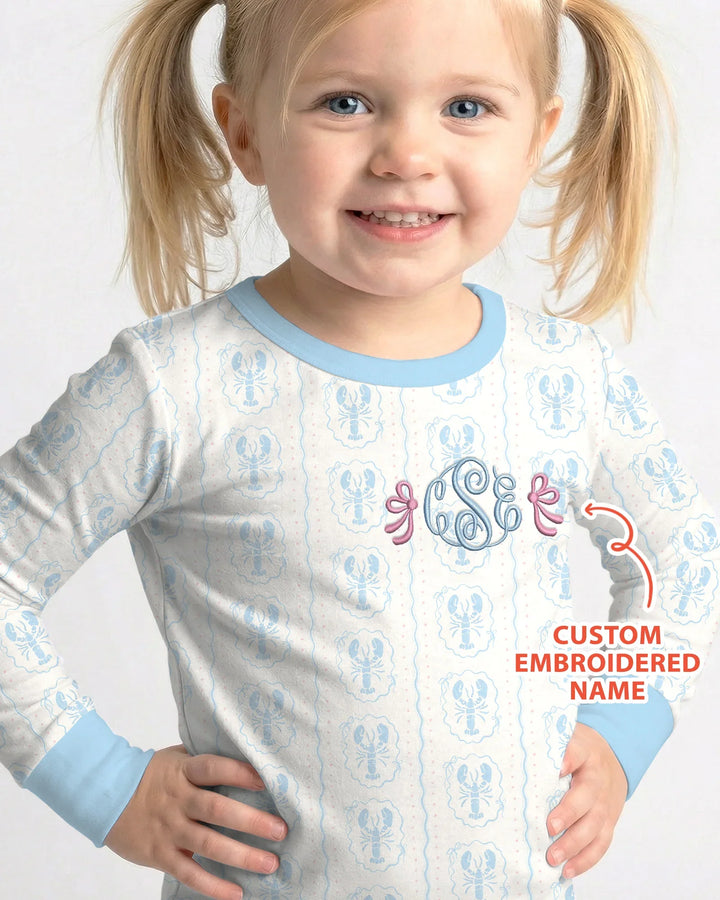 Custom Monogram Letter Embroidered Baby Bamboo Two Piece Long Sleeve Pajama Set