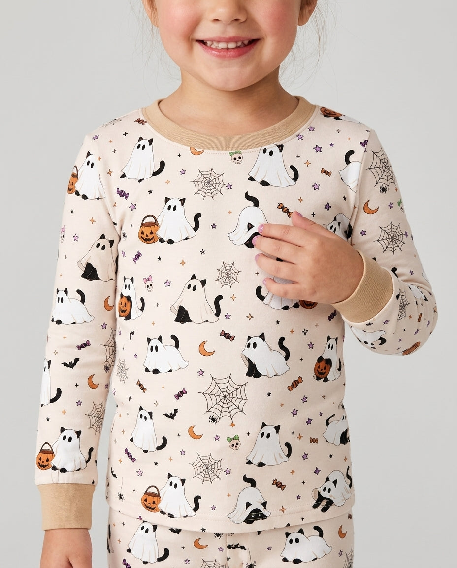Ghost Cat Vintage Halloween Bamboo Two Piece Long Sleeve Pajama Set