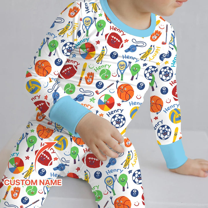 Play Ball Custom Name Bamboo Two Piece Long Sleeve Pajama Set