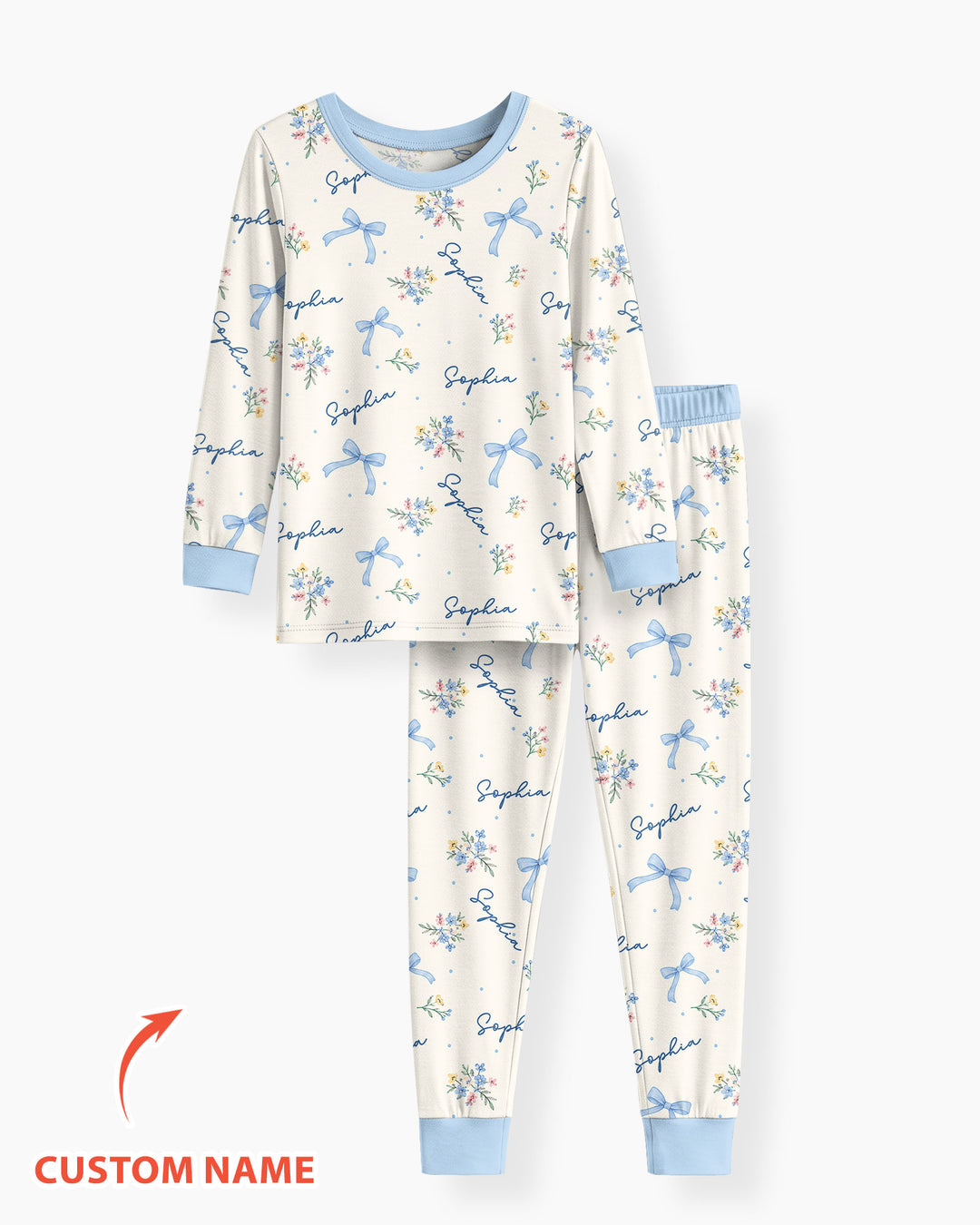 Pastel Ditsy Floral Bow Bamboo Two Piece Long Sleeve Pajama Set