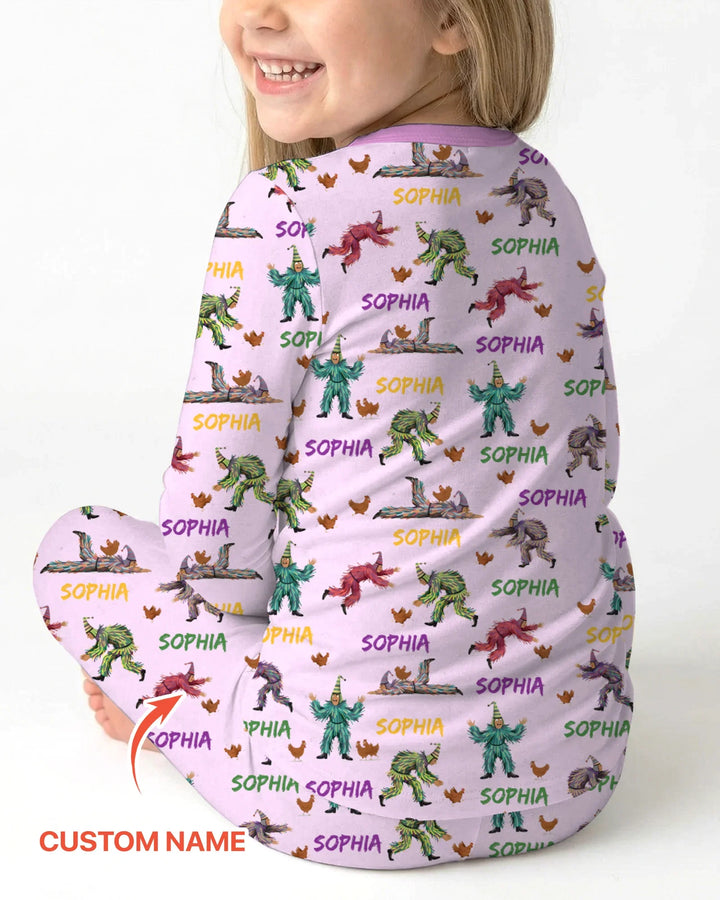 Custom Name Mardi Gras Chicken Chase Family Matching Bamboo Two Piece Long Sleeve Pajama Set