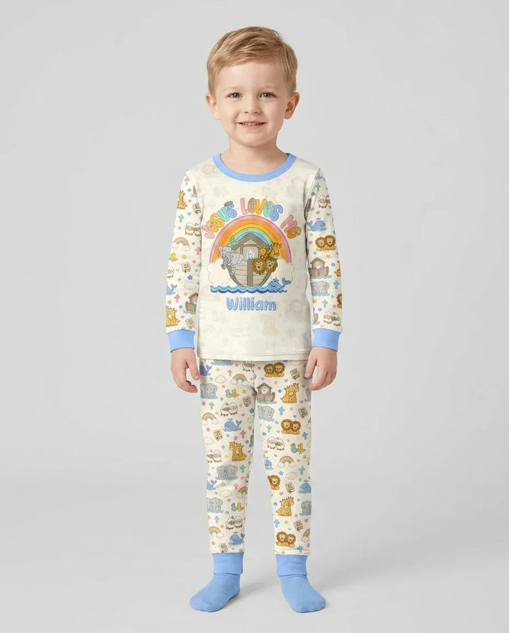 Custom Name Noah's Ark Jesus Loves Me Bamboo Two Piece Long Sleeve Pajama Set