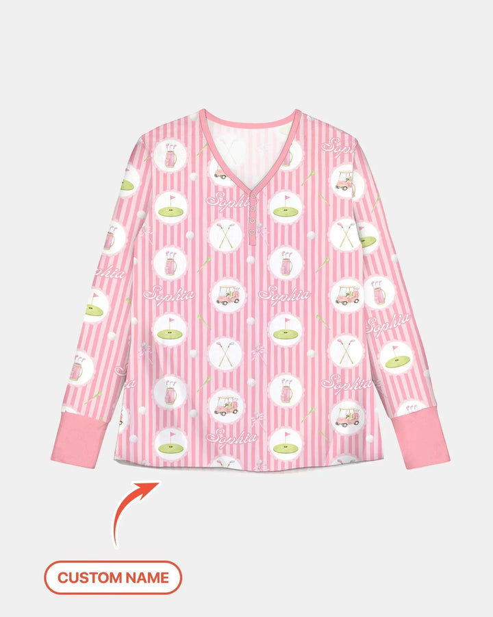 Custom Name Pink Golf Girl Bamboo Women Pajama Set