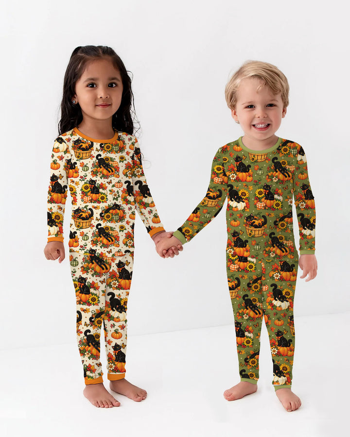 Vintage Black Cat Pumpkin Fall Bamboo Two Piece Long Sleeve Pajama Set