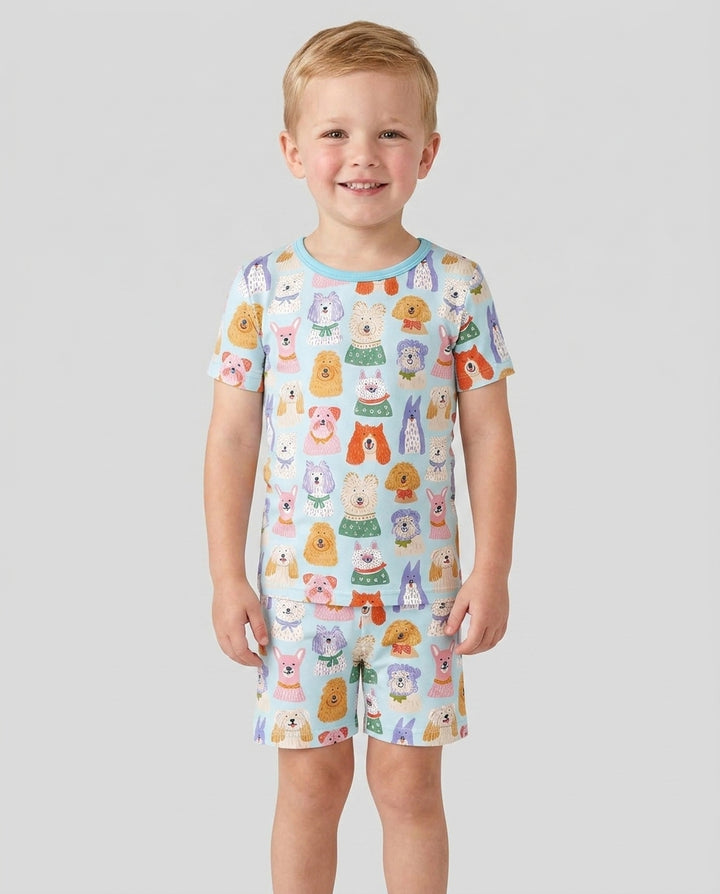 Whimsical Puppy Parade Family Matching Bamboo Two Piece Short Sleeve Shorts Pajama Set