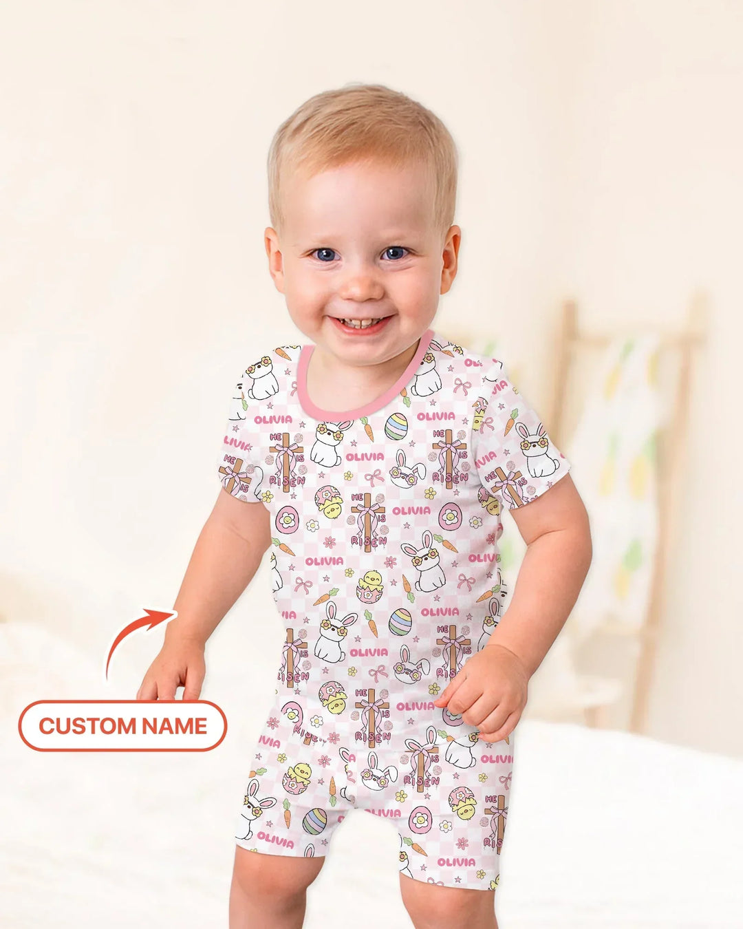 Custom Name Retro Easter Bamboo Two Piece Short Sleeve Shorts Pajama Set