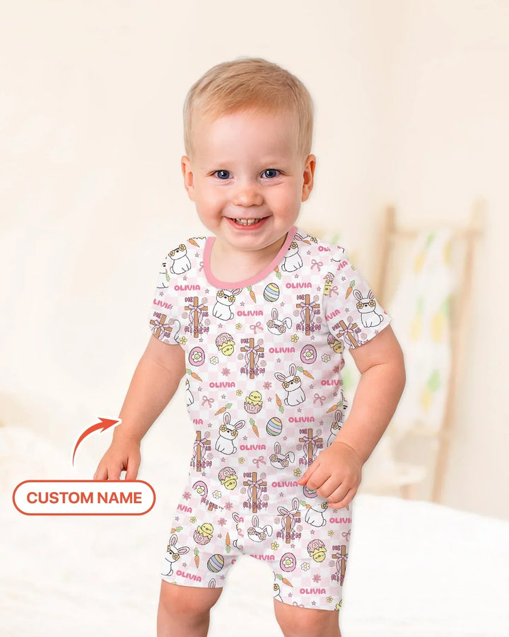Custom Name Retro Easter Bamboo Two Piece Short Sleeve Shorts Pajama Set