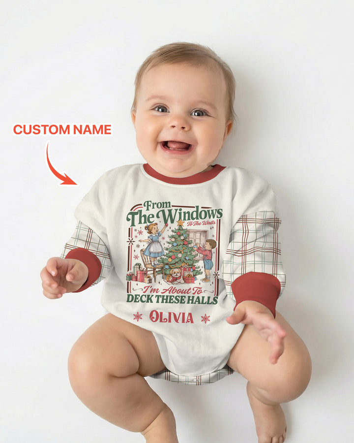 Custom Name Vintage Deck The Halls Bamboo Bubble Romper