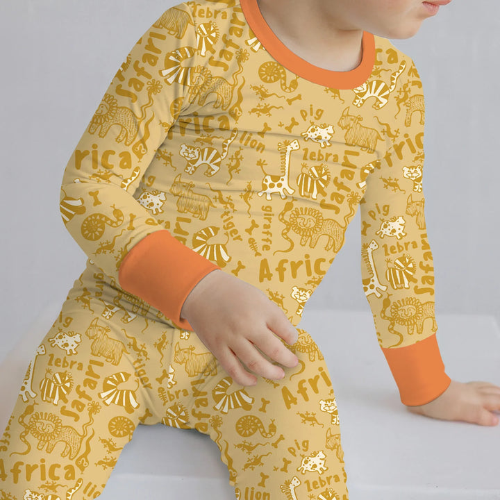 Handdrawn African Animals Bamboo Two Piece Long Sleeve Pajama Set