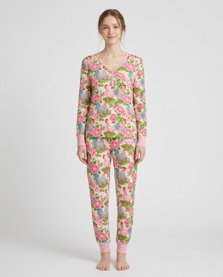 Chicken and Peony Mommy And Me Matching Bamboo Women Pajama Set