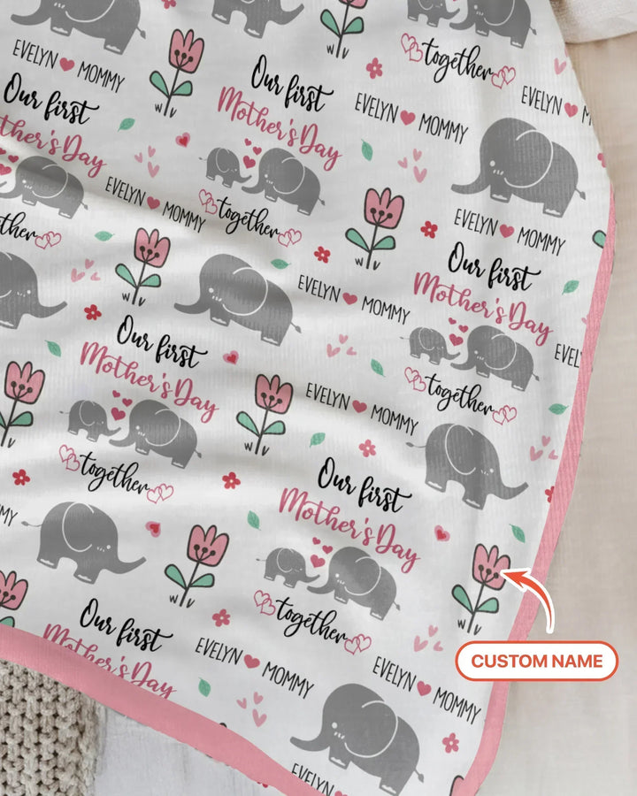 Custom Name Elephant Our First Mother's Day Bamboo Blanket