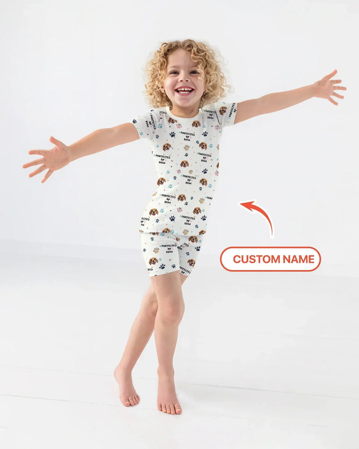 Custom Dogs Photo "Protected By" Bamboo Two Piece Short Sleeve Shorts Pajama Set