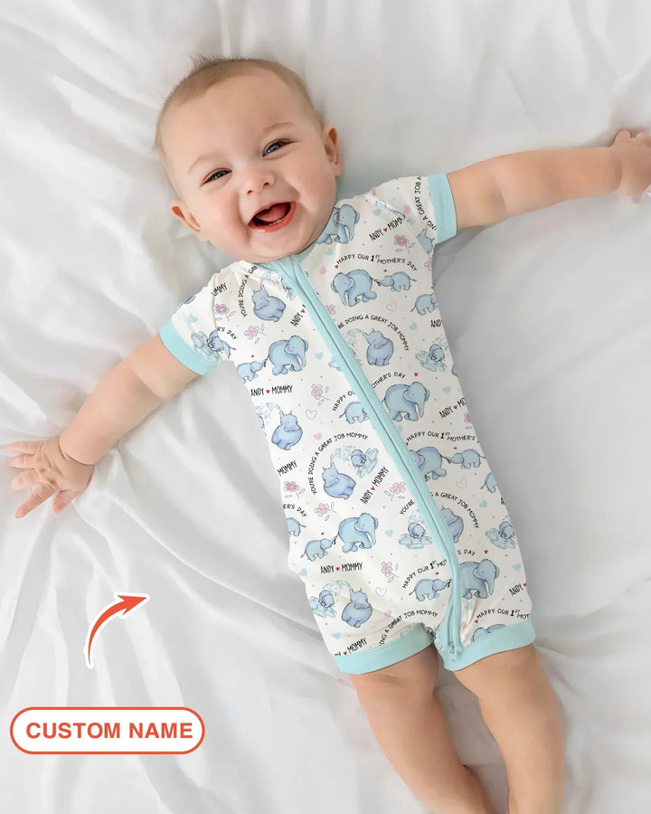 Custom Name Mother & Baby Elephant Bamboo Shorty Zippy