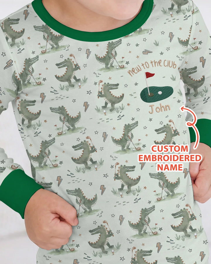 Personalized Embroidered Name Crocodile Golf Bamboo Two Piece Long Sleeve Pajama Set