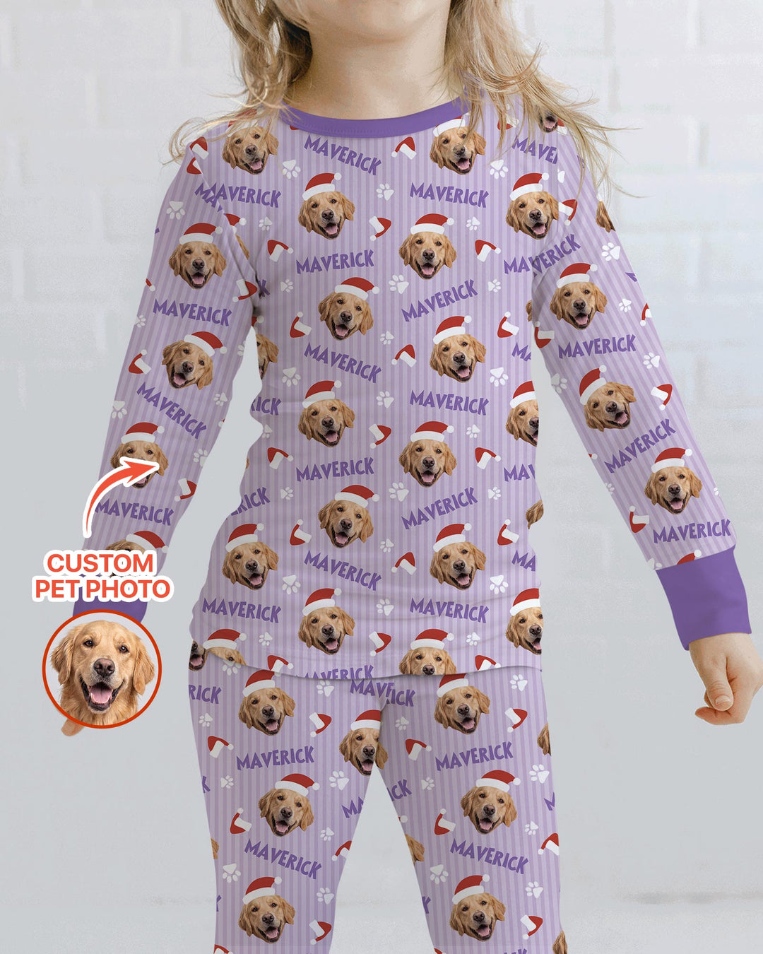 Custom Pet Photo Christmas Paws Stripe Bamboo Two Piece Long Sleeve Pajama Set