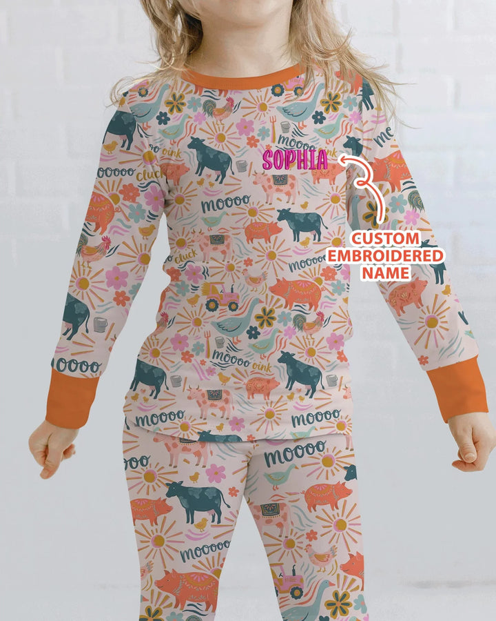 Custom Name Embroidered Colorful Farm Life  Bamboo Two Piece Long Sleeve Pajama Set