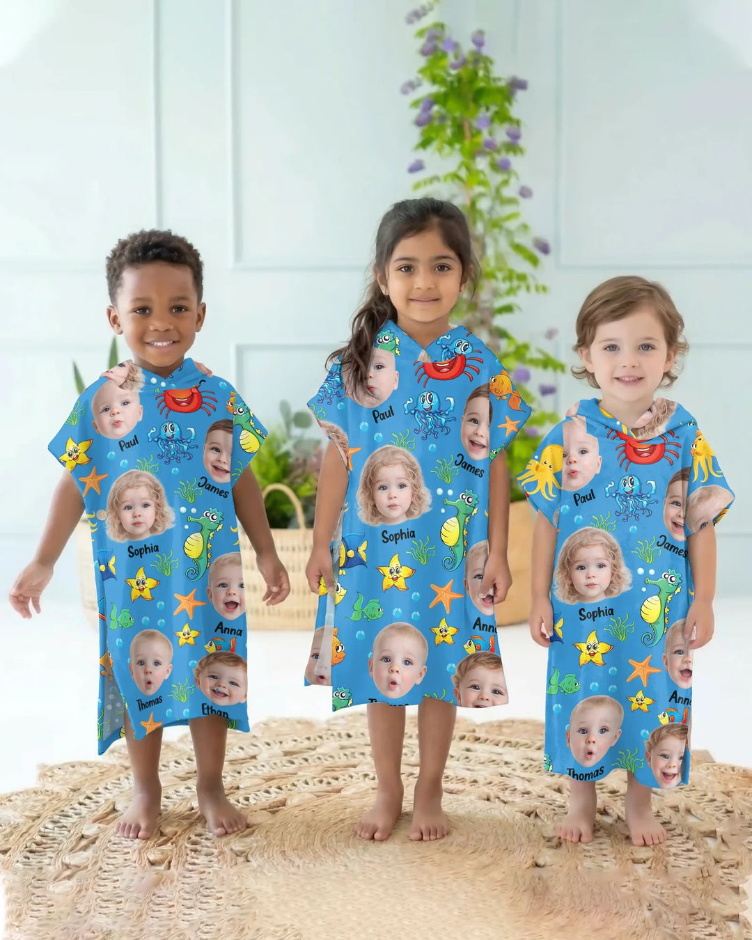 Custom Photo Cute Kid Face Watercolor Sea Creatures Summery Bamboo Swim Poncho