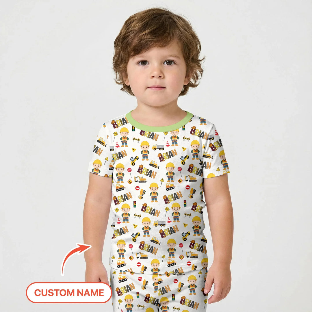 Custom Name Doodle Little Builder Bamboo Two Piece Short Sleeve Shorts Pajama Set