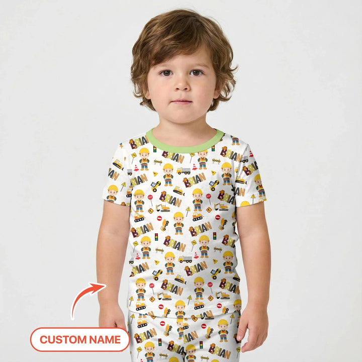 Custom Name Doodle Little Builder Bamboo Two Piece Short Sleeve Shorts Pajama Set