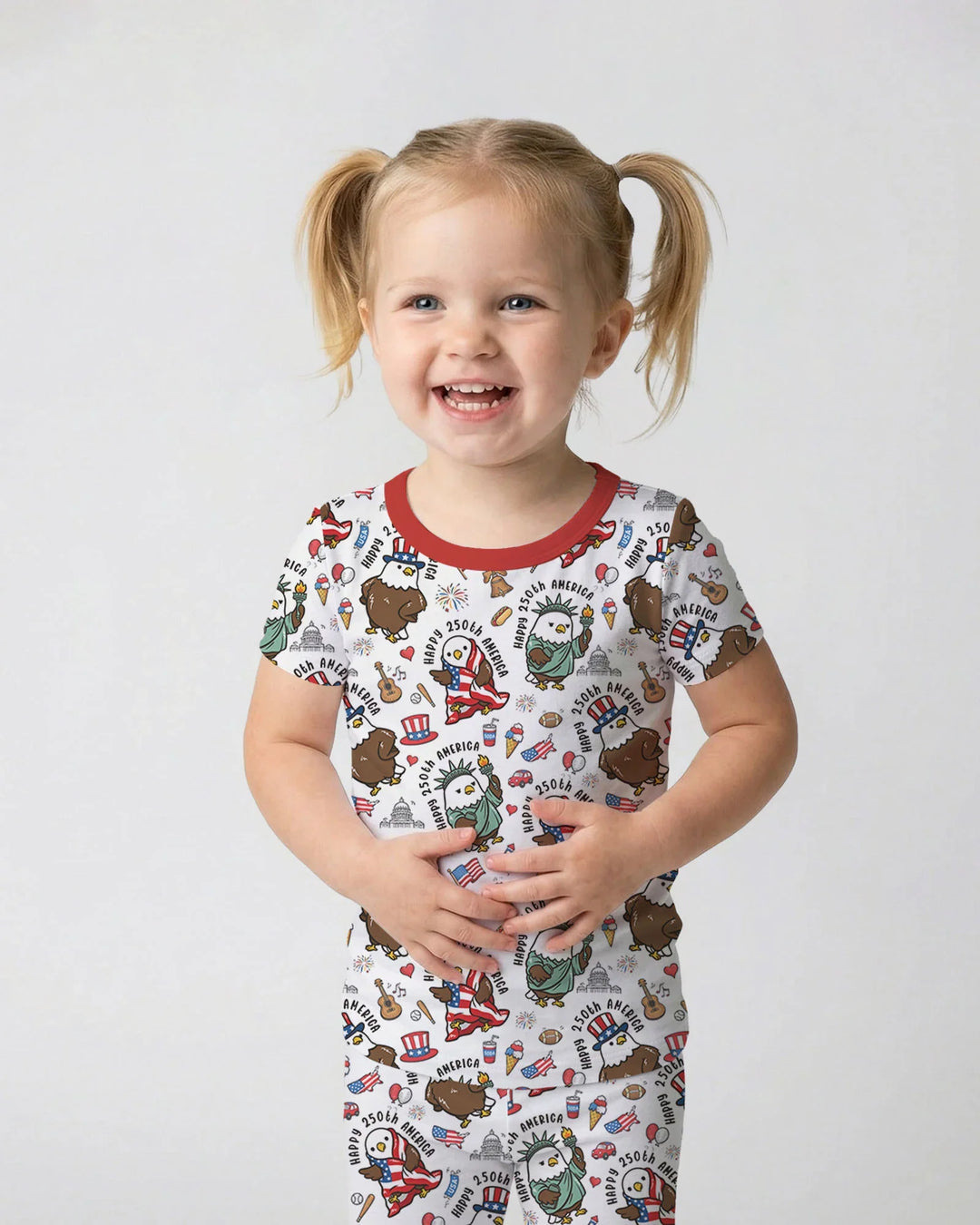 Happy 250th America Cute Patriotic Eagles Family Matching Bamboo Two Piece Short Sleeve Pajama Set