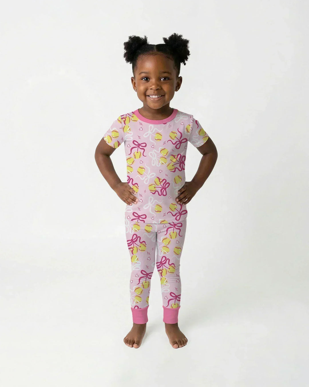Softball Cherry Mom And Girl Matching Bamboo Two Piece Short Sleeve Pajama Set