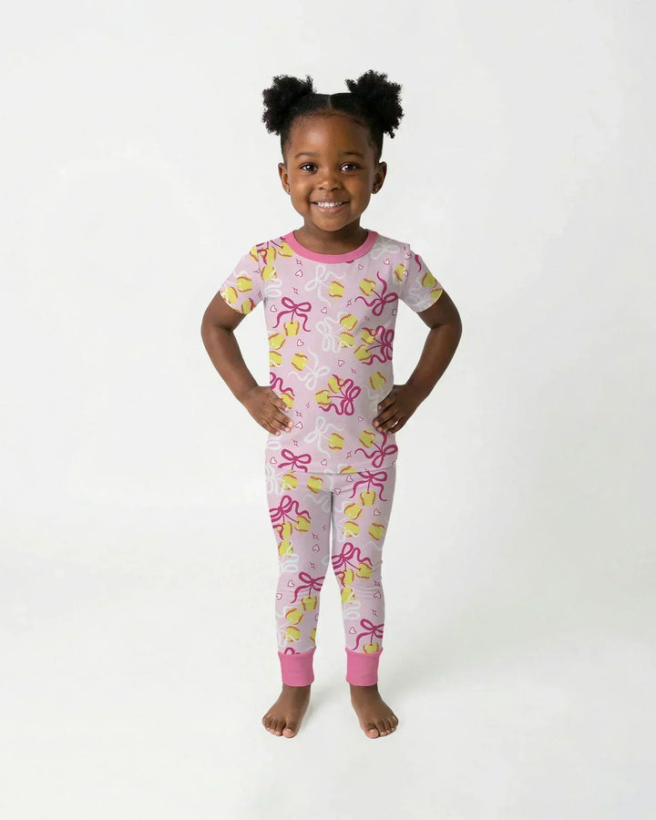 Softball Cherry Mom And Girl Matching Bamboo Two Piece Short Sleeve Pajama Set