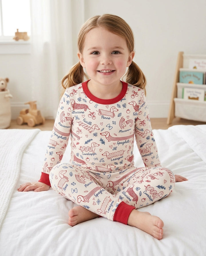 Funny Dachshund Pasta Pups Bamboo Two Piece Long Sleeve Pajama Set