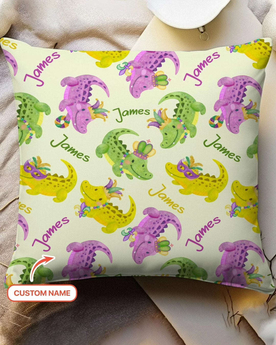 Custom Name Mardi Gras Alligator Bamboo Pillow Case