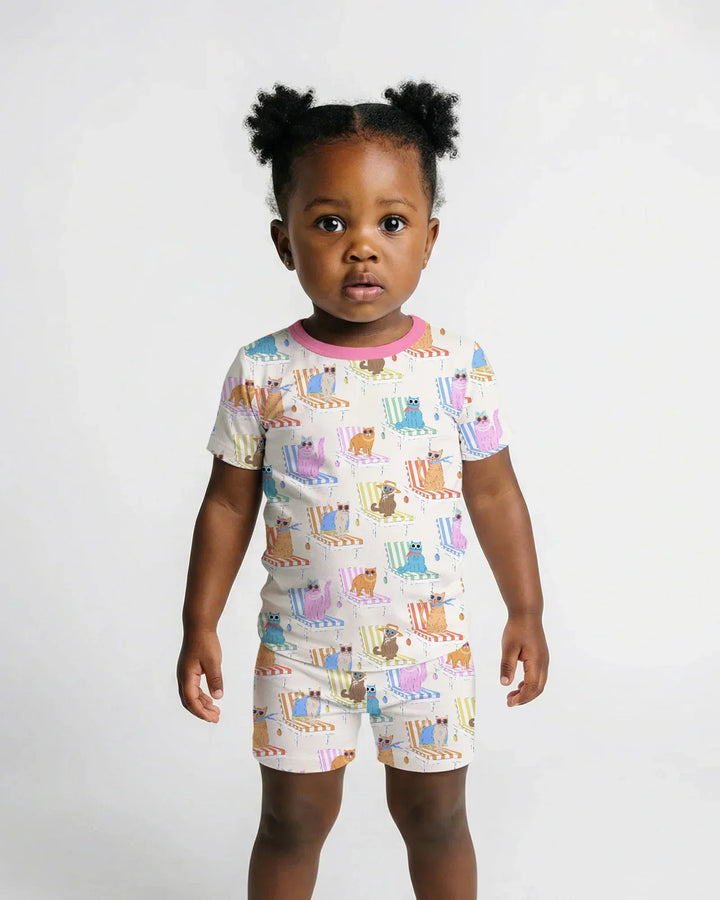 Meow Sunbathing Mommy & Me Matching Bamboo Two Piece Short Sleeve Shorts Pajama Set