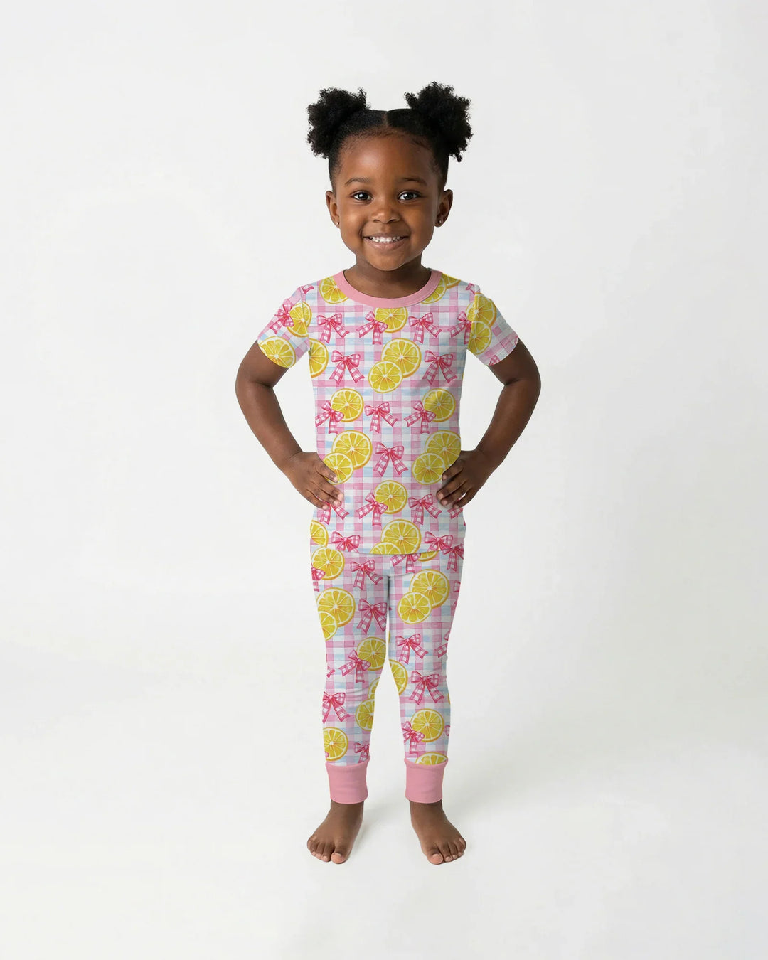 Pink Lemons Bows Checkered Bamboo Two Piece Short Sleeve Pajama Set
