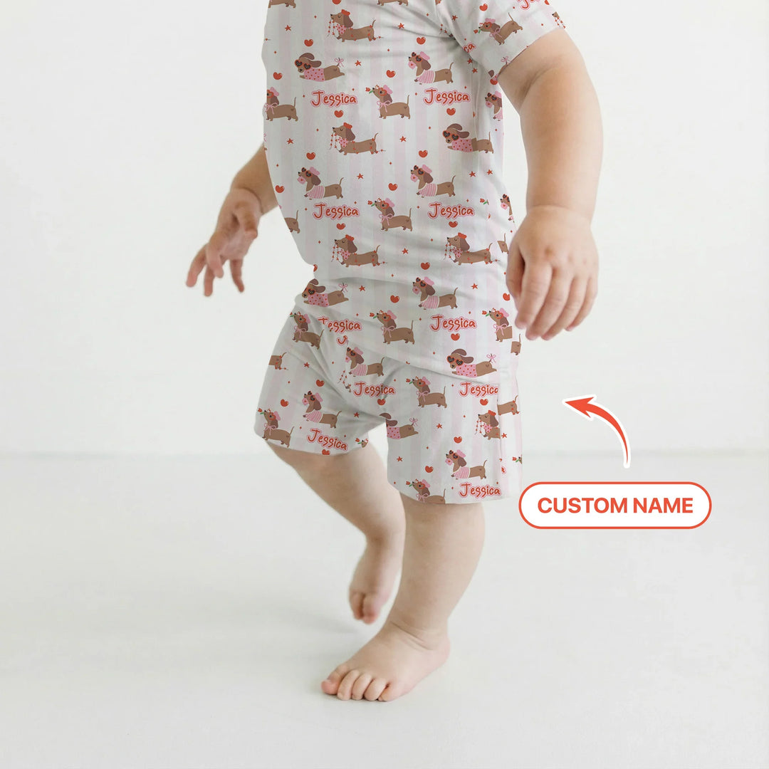 Custom Name Valentine Dachshund Family Matching Bamboo Two Piece Short Sleeve Shorts Pajama Set