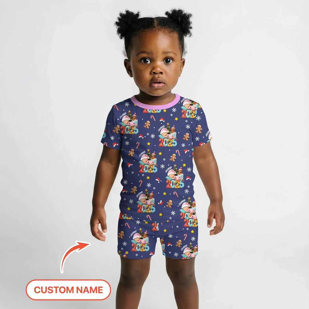 Custom Name Baby Girl's First Christmas Bamboo Two Piece Short Sleeve Shorts Pajama Set