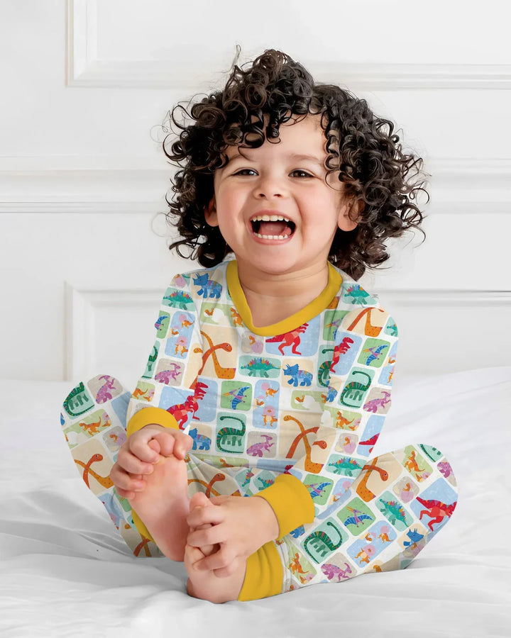 Rainbow Dino Friends Family Matching Bamboo Two Piece Long Sleeve Pajama Set