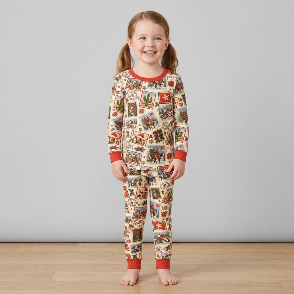 Western Christmas Stamps Bamboo Two Piece Long Sleeve Pajama Set