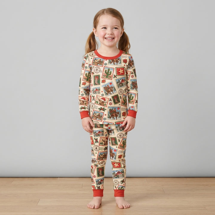 Western Christmas Stamps Bamboo Two Piece Long Sleeve Pajama Set