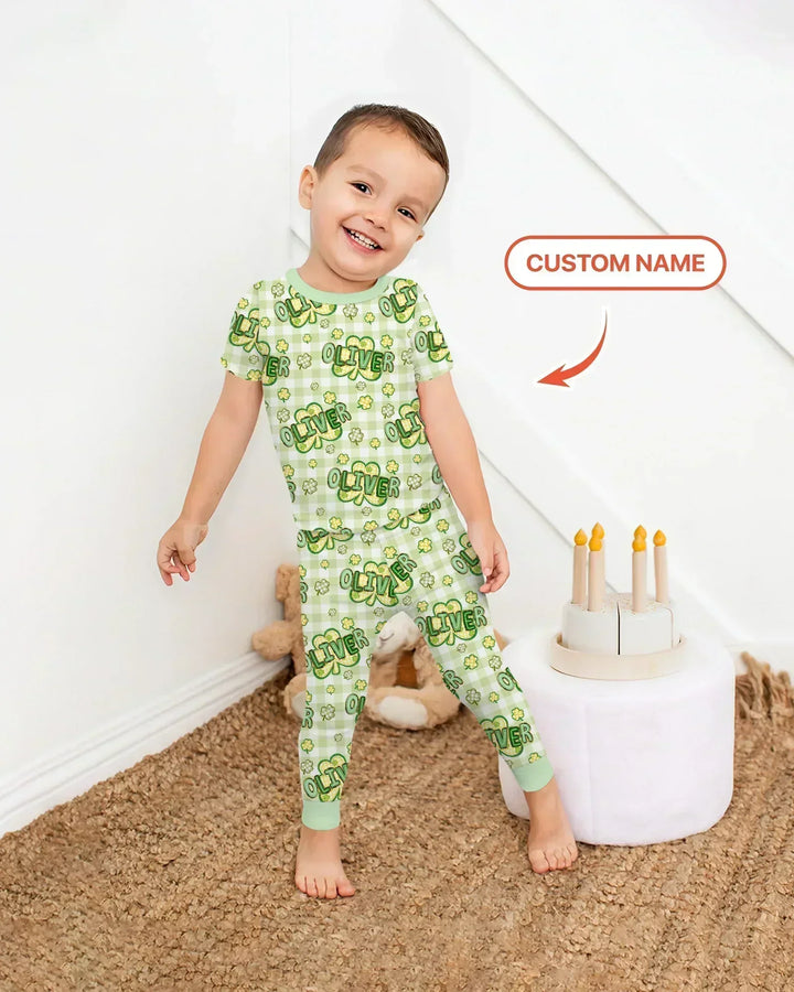 Lucky Shamrock Custom Name Bamboo Two Piece Short Sleeve Pajama Set
