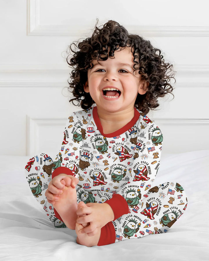 Happy 250th America Cute Patriotic Eagles Family Matching Bamboo Two Piece Long Sleeve Pajama Set