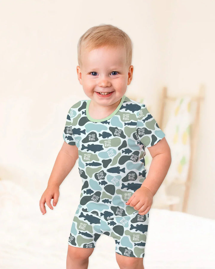 Asleep At The Reel Matching Daddy & Me Bamboo Two Piece Short Sleeve Shorts Pajama Set
