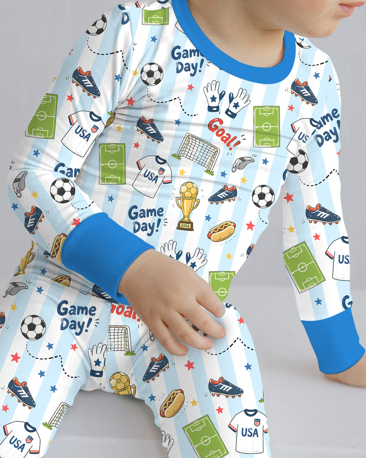 Striped Soccer Game Day Family Matching Bamboo Two Piece Long Sleeve Pajama Set