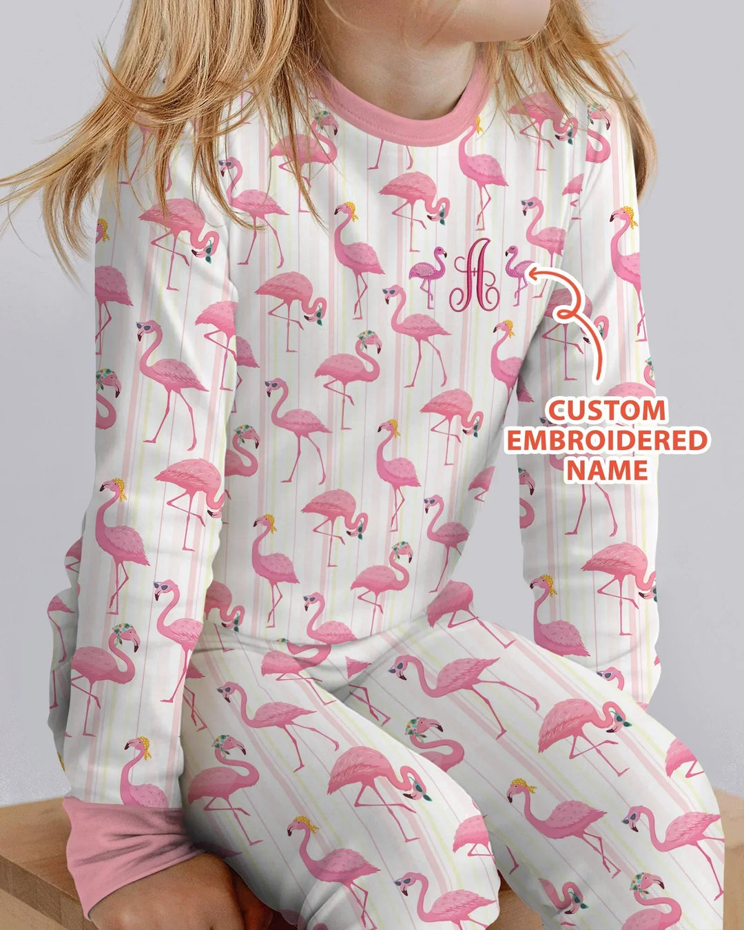 Custom Name Embroidered Flamingo Bamboo Two Piece Long Sleeve Pajama Set