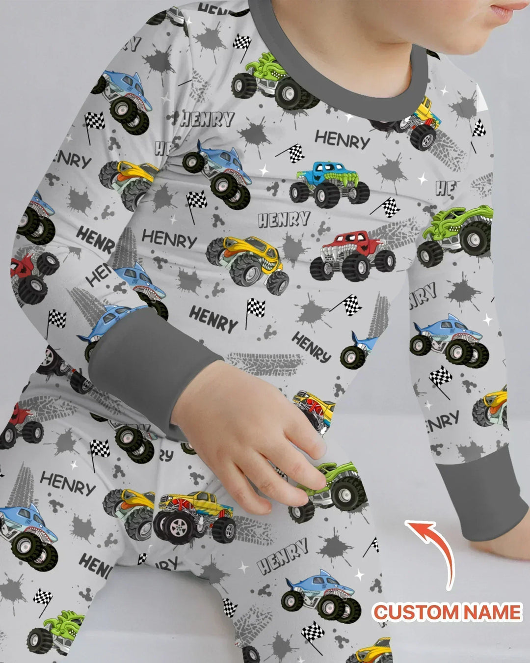 Monster Truck Dirt Jam Custom Name Daddy & Me Matching Bamboo Two Piece Long Sleeve Pajama Set